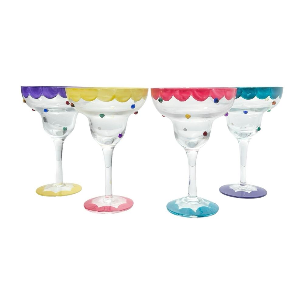 Set of 4 Colorful Hand Painted & Rhinestoned Margarita Glasses 6 3/4” 10oz